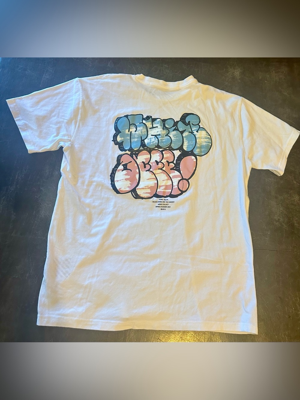 Off-White White Graphic Short Sleeve Tee with Blue and Pink Print